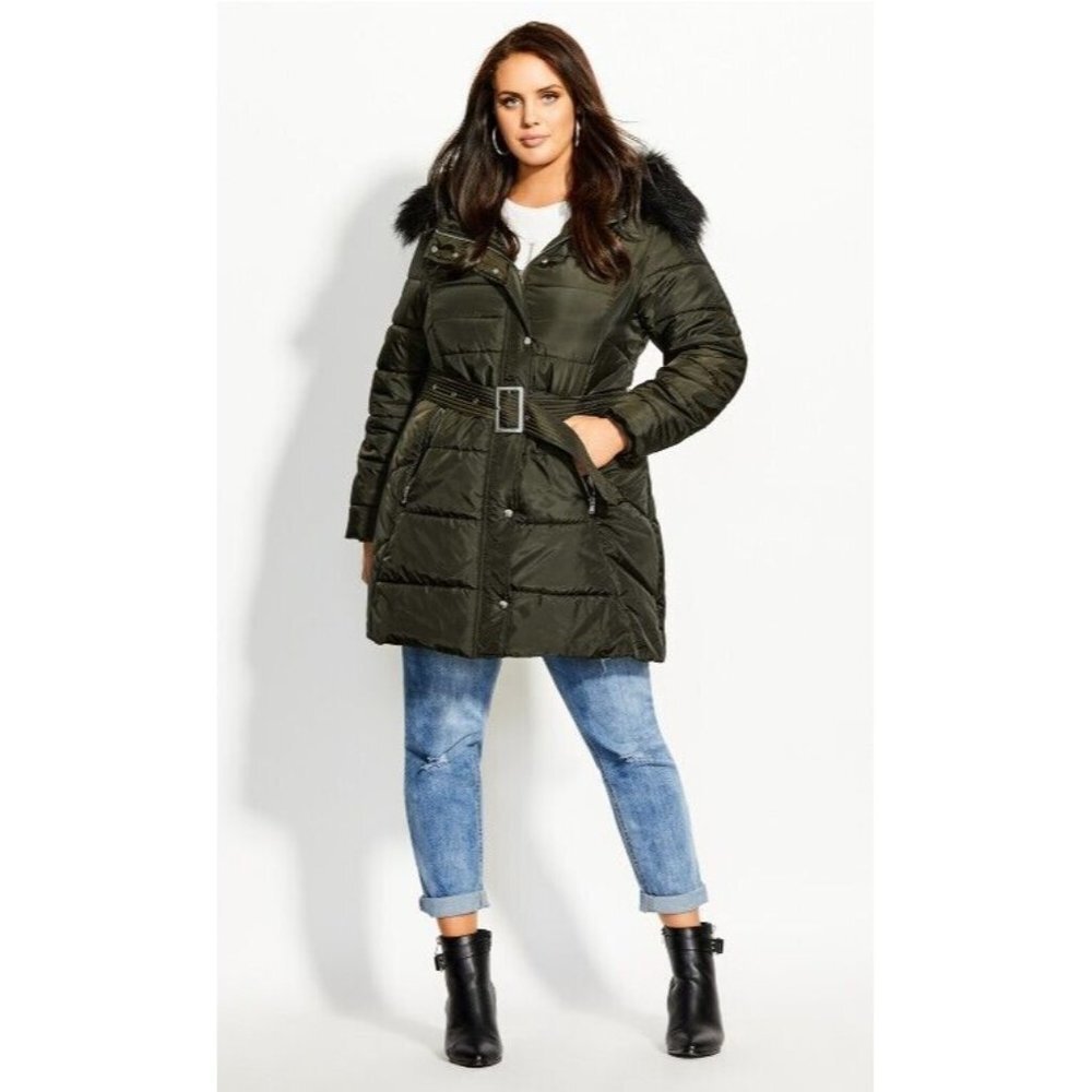 City Chic Womens Longline Puffer Jacket Military Faux Fur Hood Size XXL‎ 2XL New